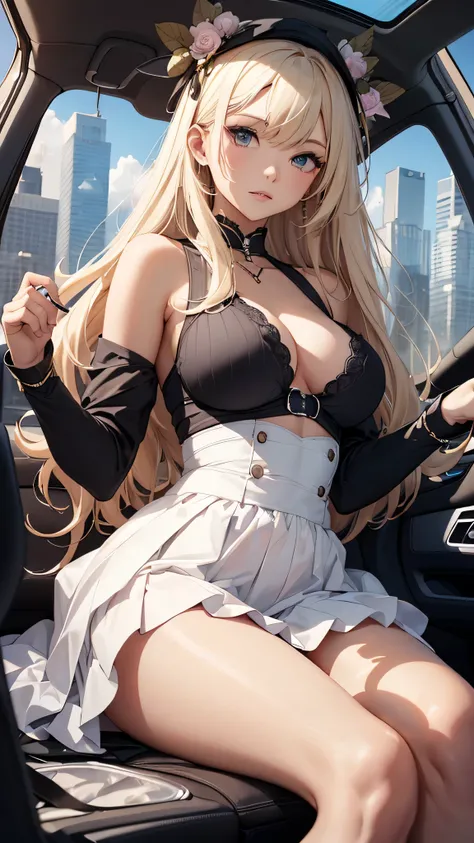 最high quality、best image quality、masterpiece、teenage girl((20-year-old、 By becoming、vest bust、medium bust,wide open breast tea、black eye, blonde hair、long hair、thin,highest valley、white dress、white short skirt,,chest、undressing)),high quality、beautiful art...