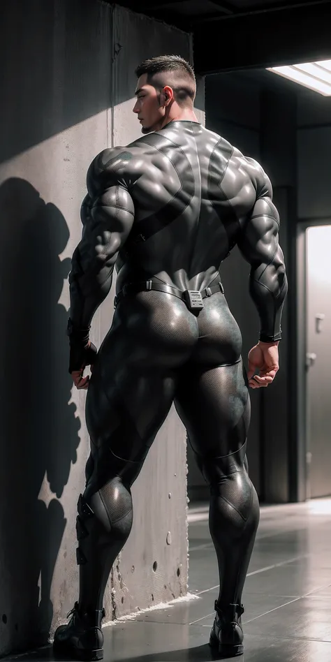 特别High背影, huge, and muscular police officer.，Silver gray khaki camouflage wetsuit，he faces the wall，Hold the wall with both hands，High buttocks，character idea（Resident Evil - chris redfield，chris redfield）senior police officer，身穿Silver gray khaki camouflag...