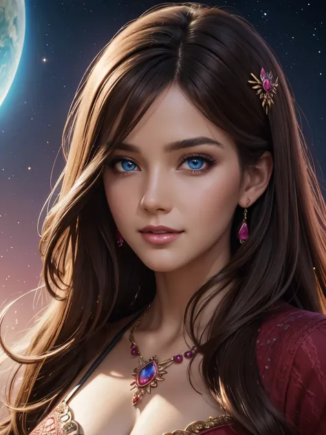 Portrait, beautiful woman with brown hair and a silky red dress, hourglass figure, symmetrical figure, highly detailed face, beautiful face, calming blue eyes, lush pink lips, smiling, alluring, stunning digital illustration, cosmic fantasy background, bea...