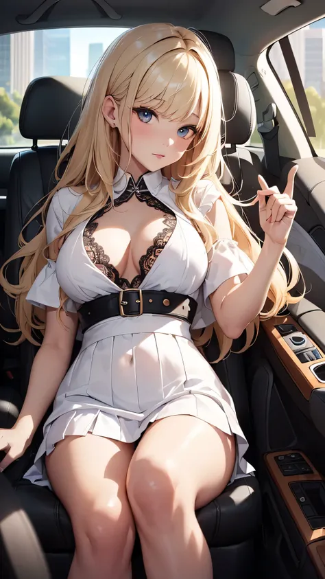 最high quality、best image quality、masterpiece、teenage girl((20-year-old、 By becoming、vest bust、medium bust,wide open breast tea、black eye, blonde hair、long hair、thin,highest valley、white dress、white short skirt,,chest、Undressing Pose)),high quality、beautifu...