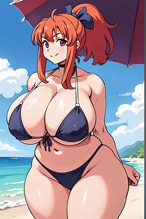 from below.(anime,anime style),((bikini)),strapless,gigantic breasts,(thick thighs),(wide hip),beach,sexy pose,bewitching look,(ponytail:1.2),happy smile,