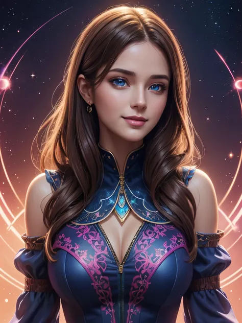 Portrait, beautiful woman with brown hair and a silky blue dress, hourglass figure, symmetrical figure, highly detailed face, beautiful face, calming blue eyes, lush pink lips, smiling, alluring, stunning digital illustration, cosmic fantasy background, be...