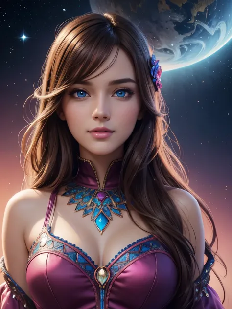 Portrait, beautiful woman with brown hair and a silky blue dress, hourglass figure, symmetrical figure, highly detailed face, beautiful face, calming blue eyes, lush pink lips, smiling, alluring, stunning digital illustration, cosmic fantasy background, be...