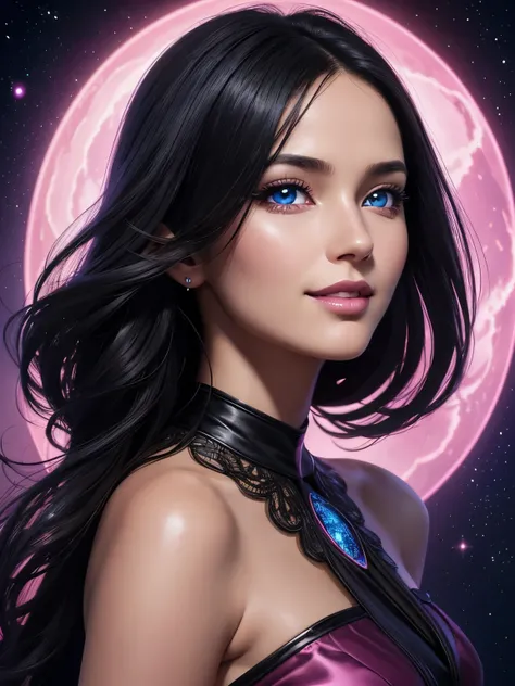 Portrait, beautiful woman with black hair and a silky pink dress, hourglass figure, symmetrical figure, highly detailed face, beautiful face, calming blue eyes, lush pink lips, smiling, alluring, stunning digital illustration, cosmic fantasy background, be...