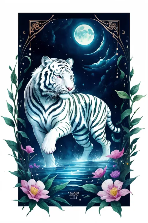 ((animal,watercolor painting,the white tiger,White Tiger)),blue eyes, colorful flower art,front view, action shot, Bright colors, high detail, logo design, Neo-Traditional Tattoo Styles, 2D, planar vector, Character Design, fantasy art, watercolor painting...