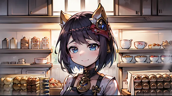 Kujou Sara|Genshin Impact, (best quality,8ก,Masterpiece), Girl with black hair and blue eyes, Wear a bakery uniform, Work in a traditional Japanese bakery to prepare traditional desserts., sparkling eyes, happiness,