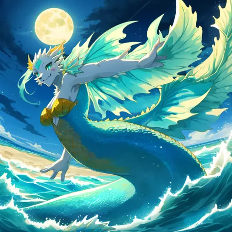 On a moonlit night, furry anthro, kemono, mermaid, a beautiful woman with bright shining scales on her skin dances gracefully on a white sandy beach Her beautiful face and brightly colored shining eyes The sea and the womans scales shining faintly in the m...