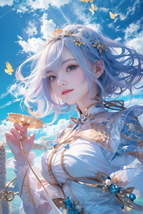 (RAW image quality:1.4), 1 girl, 13 years old, Japanese, A woman wearing a blue and white lolita costume、floating in the sky with magical power, Reflecting the strength of her determination，Because she embodies the power of the forces of nature in battle.o...