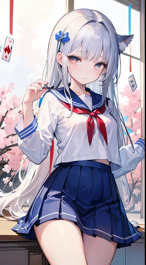 (((masterpiece))) ((8k)) silver-white long hair，Slightly curled hair curtain in the middle，red color eyes，Brush your hair with your hands，D Cup Girl，Cat hair card，Blue and white sailor uniform，A sad expression，largeeyes，sakura flowers falling, 