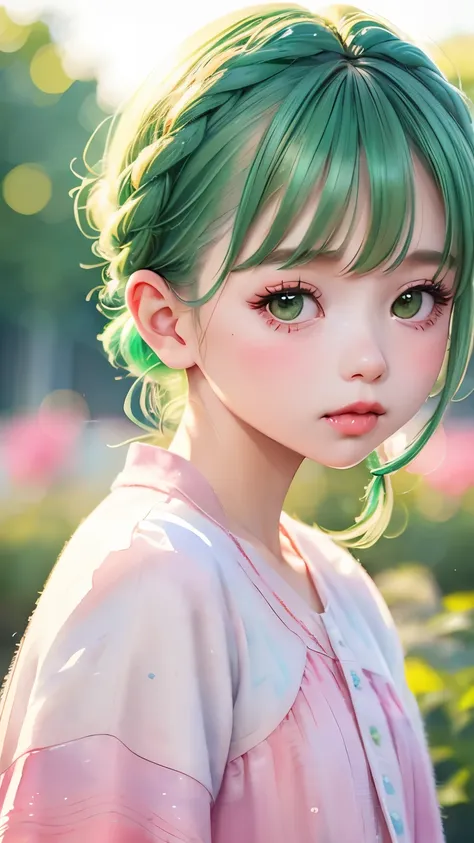 one girl、１２talent、baby face、whitish emerald green hair、Braid、anime style、cute face、small nose、plump lips、red lipstick、natural look、cute clothes、pink clothes、(((The background is blurry、blurred background、Watercolor-like background)))、highest quality、High r...