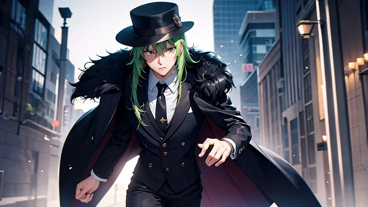 male with green hair purple eyes, wearing black suit and white coat, 25 years old, grim face, background of city, wearing hat