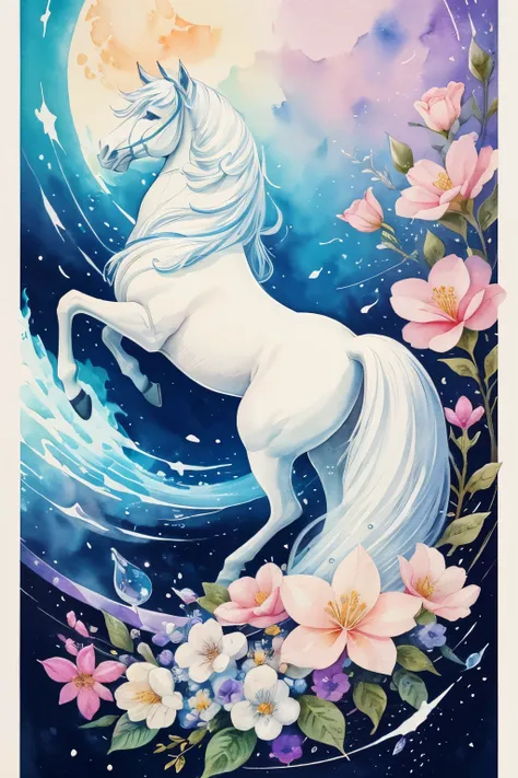 ((animal,watercolor painting,Hakuba,white horse)),colorful flower art,front view, action shot, Bright colors, high detail, logo design, Neo-Traditional Tattoo Styles, 2D, planar vector, Character Design, fantasy art, watercolor paintingのテクニック,watercolor ef...