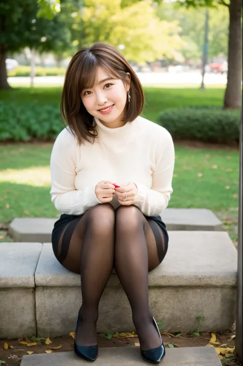 ulzzang-6500-v1.1, (RAW photo:1.2), (Photoreal), beautiful details, (genuine: 1.4), A naive 33 year old wife、(Wearing a high neck knit dress that clearly shows off your body line)、(super realistic pantyhose:1.3)、thighs thighs thighs、sitting on a park bench...