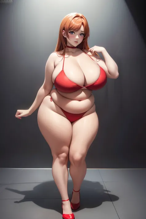 Full body portrait photo of anime bbw girl in red bikini with long hair and big breasts, very fat curvy body, wide waist and wide hips, round and beautiful face, very similar portrait of asuka langley Soryu, asuka langley, anime female characters, evangeli...