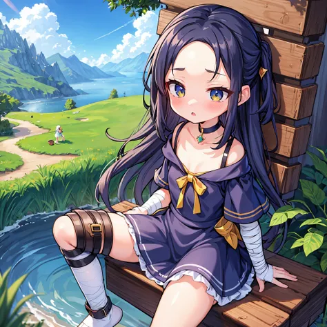 girl, confuses me, golf short dress, choker, panties visible, holding panties in his hands, looks out from under his forehead, Trembling, fantasy world, fantasy landscape, verveka on the legs, bandage on leg, is sitting, spread legs, 