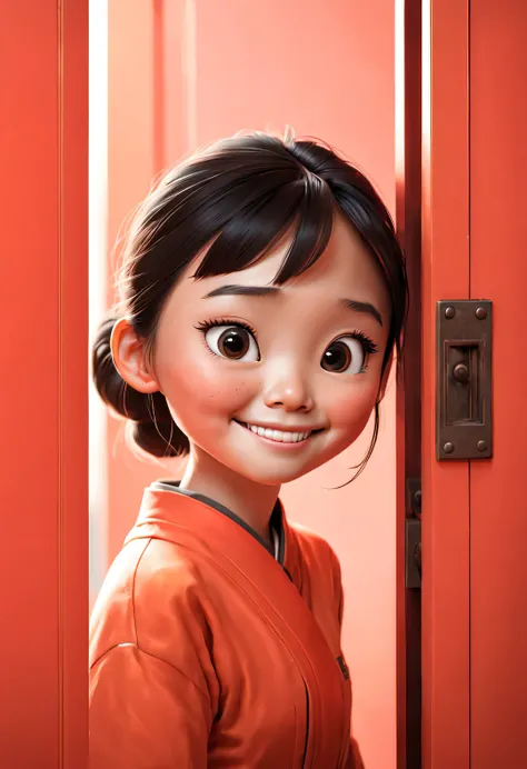 pixar animation，Hiding behind the orange door only the head of the cute Chinese girl is exposed，（Only head exposed：1.3），peek-a-boo action， bright smile，glare，Ultra-detailed details，simple clean red background，