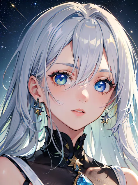 (Close-up of masterpieces in even higher resolution:1.5)0.9], (night sky and shooting stars:1.2) (messy silver hair:1.1) (have heterochromia and blue eyes, The iris is yellow-green、Eyes are yellow:1.2) (colored stars in the eyes:1.0) (synchrotron radiation...