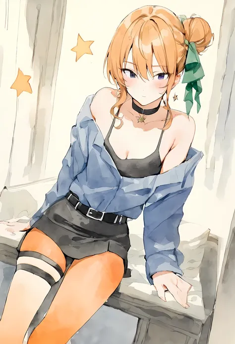 (watercolor:1.1),(masterpiece, high quality,最OK质量:1.2),(limited color palette:0.8),
1 girl, Hoshimachi Mizunari,alone, One side facing up, Hoshimachi Mizunari, Orange pantyhose, Green Ribbon, black skirt, Star (symbol), Off the shoulders, blue jacket, jewe...