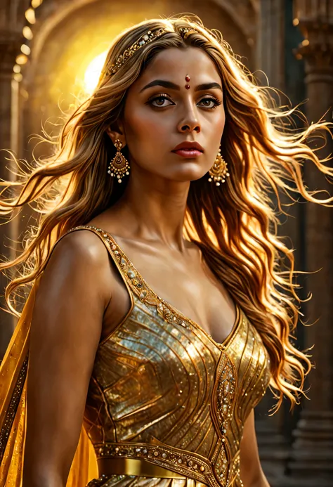 (best quality,4k,8k,highres,masterpiece:1.2),ultra-detailed,(realistic,photorealistic,photo-realistic:1.37),a lady with golden long hair,wearing gold long india wears gown,looking up,beholding the sun,fantasy art style,sparkling colors,magical lighting