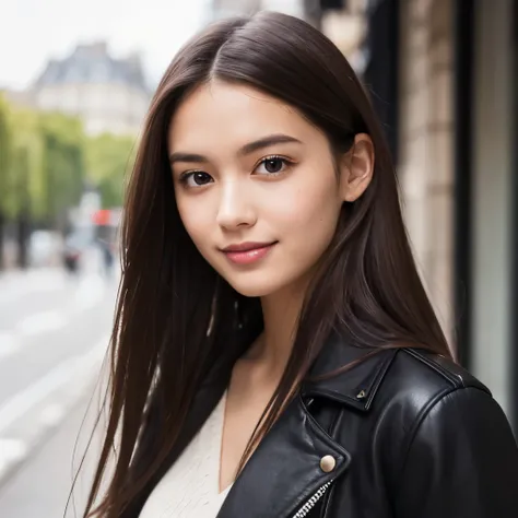 Girl, long brown hair, sharp hazel eyes, serious features, smile, simple, loose modern style, Parisian atmosphere.