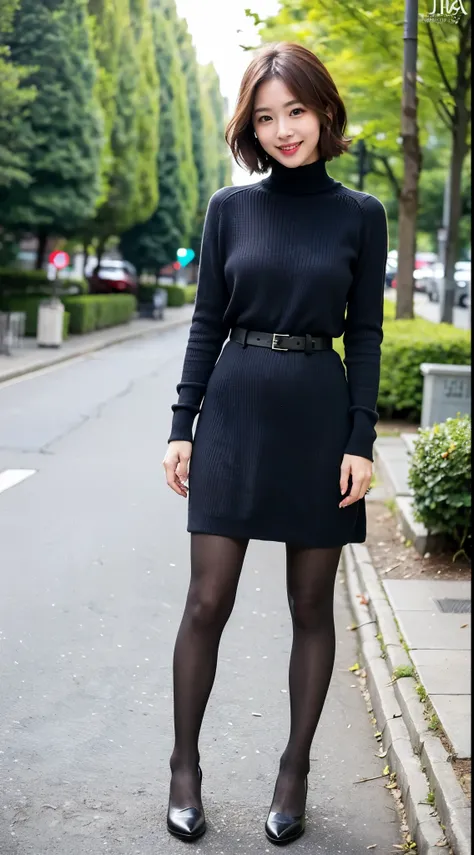 ulzzang-6500-v1.1, (RAW photo:1.2), (Photoreal), beautiful details, (genuine: 1.4), A naive 33 year old wife、((Wearing a high neck knit dress that clearly shows off your body line))、(super realistic pantyhose:1.3)、thighs thighs thighs、sitting on a park ben...