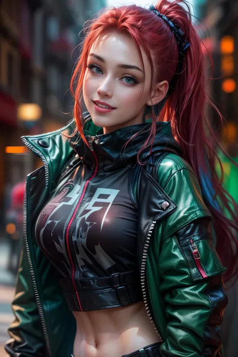 photorealistic, high resolution, 1 beautiful female, beautiful emerald eyes, ponytails red hair, smiling, cyberpunk streetwear, dynamic pose, background back alley street, dramatic, chromatic aberration. 