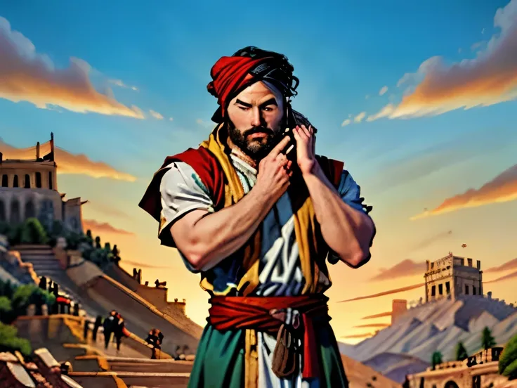 an adult man with a beard and black hair with his hand on his head. On his head there is a turban. In the background there is a servant. biblical costumes. biblical clothing. biblical style. epic scenery.