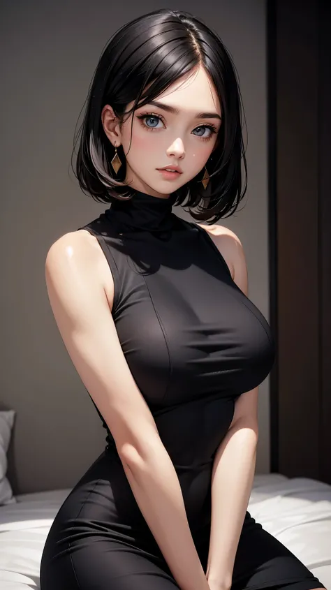 1girl, turtleneck dress, black hair, sleeveless, parted lips, large breasts