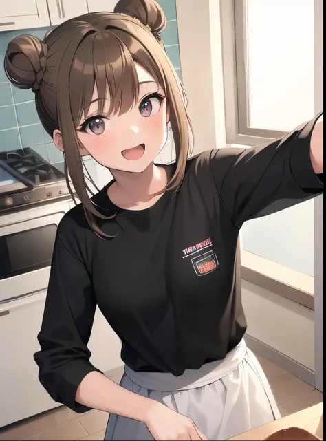 highres, high quality,1girl,teenager,small breast, brown hair,silver eyes,double bun,straight hair,medium hair,selfie,indoor,close up,casual,out of frame,happy, dutch angle,cheerful,open mouth, looking at viewer, kitchen,