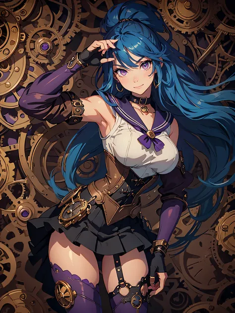 masterpiece, high quality, illustration, extremely detailed, steampunk town, standing, 1_women, (full body), (bright blue hair), medium length hair, cute bangs, flowing hair, (exotic skin_complexion:1.4),mature, tall, (hand on hip), (pointing up), beautifu...