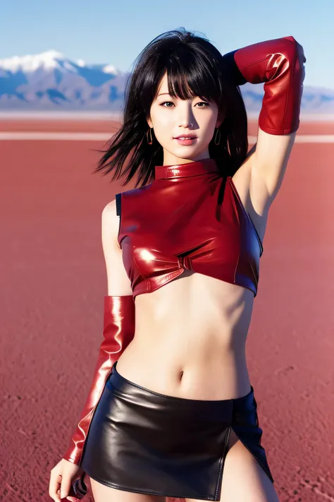 Japanese young beauty, black hair, A tight red leather miniskirt that hugs her sexy thighs, a sleeveless see-through shirt with a wide open chest. Panoramic scenery of the salt flats like the Salar de Uyuni in the background. ((detailed face)),  ((detailed...