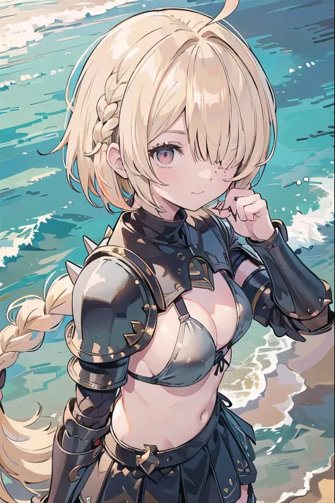 masterpiece, middle ages　Upper body　girl　((((bikini armor))))　skirt　Thighhighs　clear　blonde　((((((hair over one eye)))))), Braid Styles, spiked hair, blunt bangs, bob hair, a braid, Ahoge　red eyes　looking at the viewer　smile　((from above)), from side, Uppe...