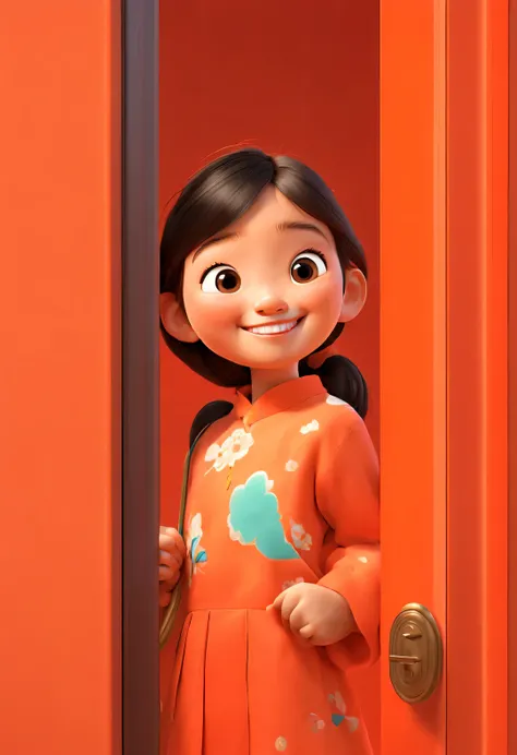 pixar animation，Hiding behind the orange door only the cute Chinese girl is exposed，（Only half of the face is exposed：1.3），（peek-a-boo action）， bright smile，glare，Ultra-detailed details，simple clean red background，