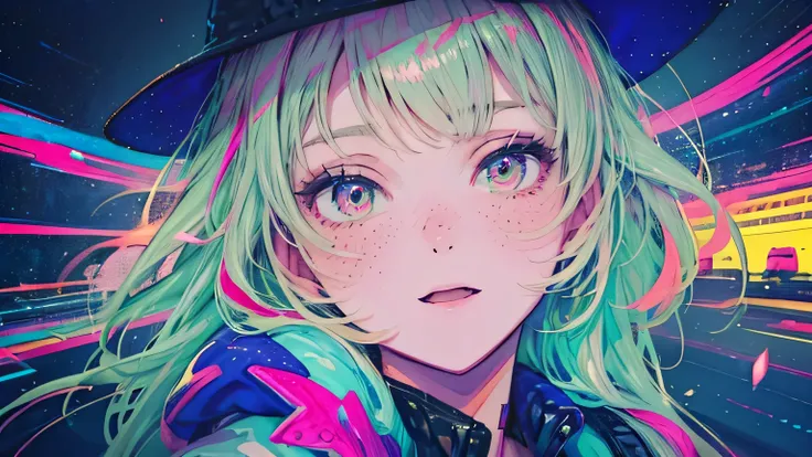 best quality, 4K wallpaper, masterpiece, extremely detailed CG unity 8k wallpaper, extremely detailed eyes, ultra-detailed, intricate details, face close up 1 happy smile shy girl in center, retro art style, neon pop abstract art style, public, highway roa...