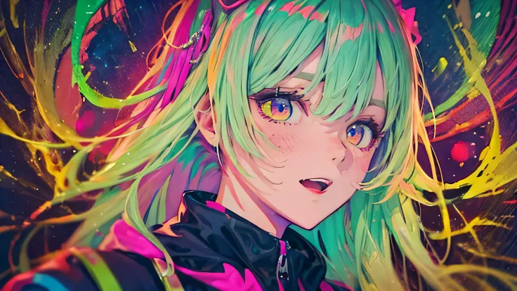 best quality, 4K wallpaper, masterpiece, extremely detailed CG unity 8k wallpaper, extremely detailed eyes, ultra-detailed, intricate details, face close up 1 happy smile shy girl in center, retro art style, neon pop abstract art style, public, highway roa...