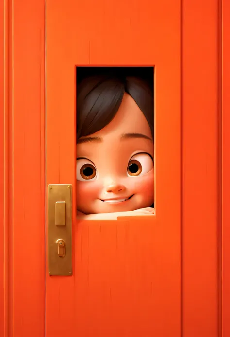 pixar animation，Hiding behind the orange door only the cute Chinese girl is exposed，（Only half of the face is exposed：1.3），（peek-a-boo action）， bright smile，glare，Ultra-detailed details，simple clean red background，