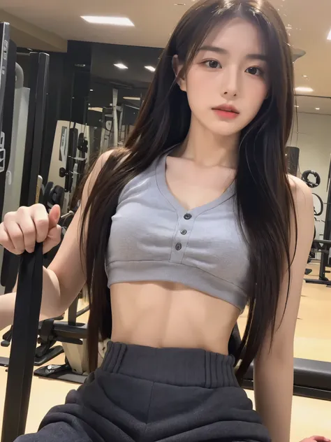 top quality、ultra high resolution、(real picture:1.4)1 girl in、beautiful woman，Has prominent slender abdominal muscles:1.3、gym uniform:1.2、Inside the gym、Super detailed face、exquisite eyes、double eyelids、do excercise