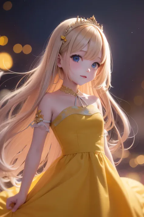 Anime girl wearing a charming yellow dress and long, adorable hair in an cute, animated style --s2 (best quality:1.0) (ultra highres:1.0) (detailed 8k wallpaper) (masterpiece) (glistening yellow fabric) (flowing, bouncy hair) (expressive anime features) (d...