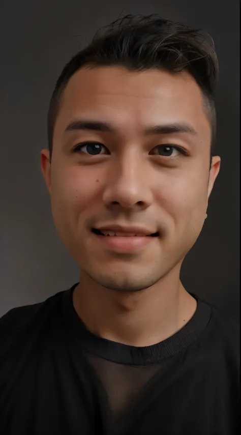 solo, looking at viewer, short hair, simple background, shirt, black hair, 1boy, closed mouth, brown eyes, male focus, black shirt, black background, portrait, gray shirt, reality, smile