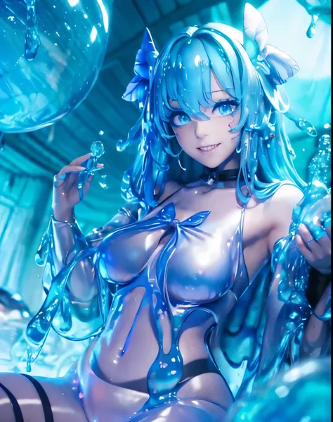 (masterpiece,best quality:1.4),(8k,raw photo,photo realistic:1.2),shiny skin,detailed skin,detailed face,detailed eyes, 1girl,looking at viewer,Japanese idol,extremely beautiful face, (smile),  LiquidHair, liquid hair, blue mucus floating around, slime gir...