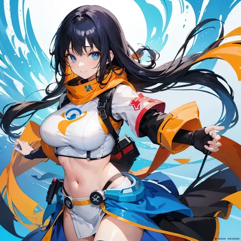 an anime poster for yuna, featuring her as a woman with long dark hair, 1girl, solo, long hair, blue eyes, breasts, pantyhose, gloves, looking at viewer, orange hair, smile, large breasts, covered navel