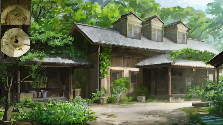 heart of the countryside, Nestled in lush greenery, 古民Homeが建っている, Reminiscent of Studio Ghibli&#39;s captivating architectural design. Home, isolated from the hustle and bustle of the city, Create a sense of peace and tranquility. with no one in sight, Wha...