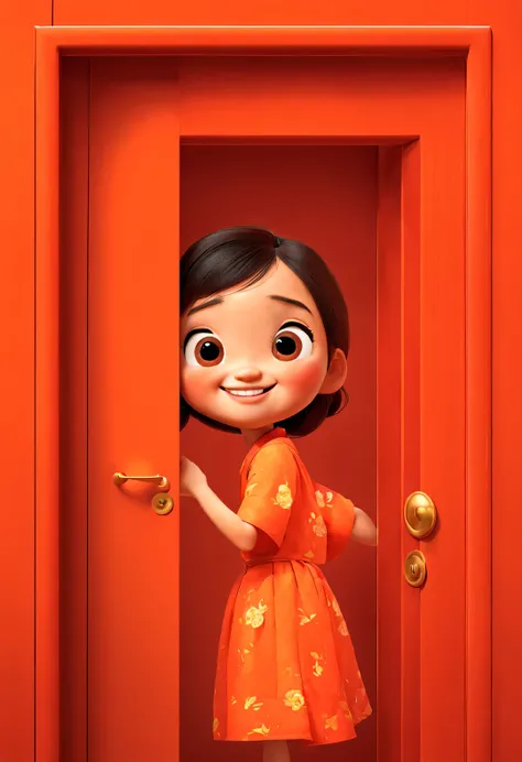 pixar animation，Hiding behind the orange door only the cute Chinese girl is exposed，（Only half of the face is exposed：1.3），（peek-a-boo action）， bright smile，glare，Ultra-detailed details，simple clean red background，