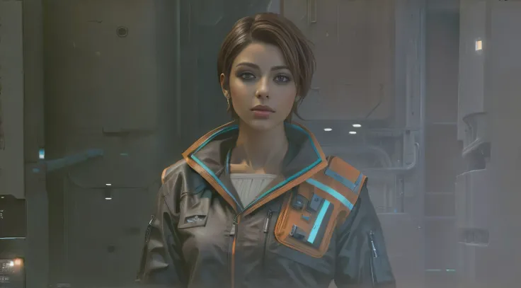 ((((masterpiece, best quality)))), ((Latina with short brown hair)), in orange teal and grey futuristic mechanic clothes)), in (futuristic Engineering bay), (((realistic art style)))