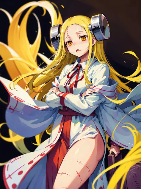 Madaraki_Fran,young woman ,(Screams) ,white robe ,wrinkles,((mature)), long hair , yellow hair,Seams , Scars on the body ,waves his arms , bags under the eyes, ((((Very tired))))