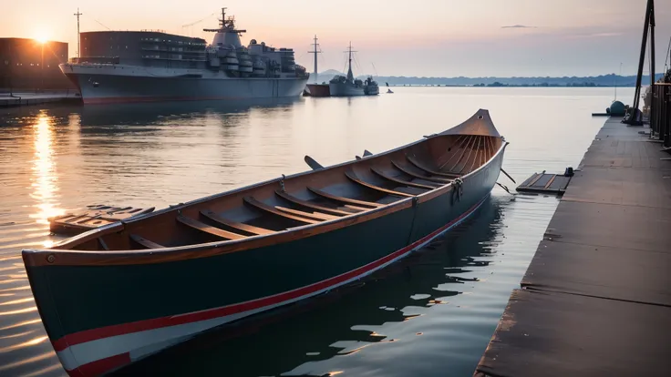 Combine a canoe into the battleship new jersey with gun turrets mounted on it. at sunrise, on a lake, wide angle photo. photo of port side of canoe only.