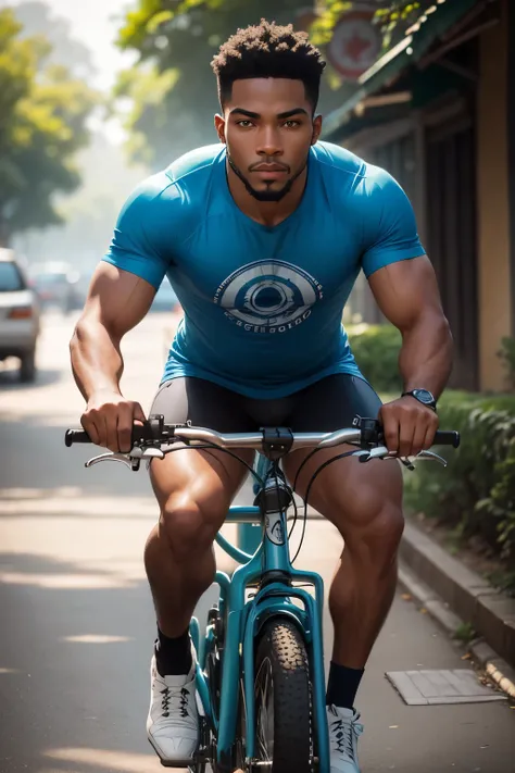 In the vibrant, picturesque streets of Yaounde, Cameroon, a captivating figure rides a bike. The man, with African descent and a youthful energy around his mid-thirties, sports a blue T-shirt that contrasts starkly against his rich, hyper-realistic complex...