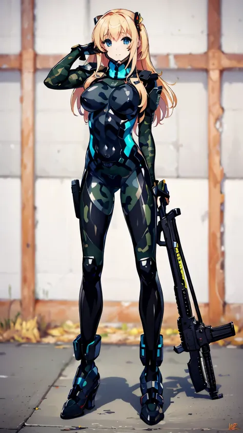 ((8k)), (side), masterpiece, anime, realistic, anime, (military), (full_body), (1girl), (Komari_Kamikita), blonde_hair, blue_eyes, medium_breasts, (fortified_suit), bodysuit, ((camouflage)), electronic, neon, high_heels