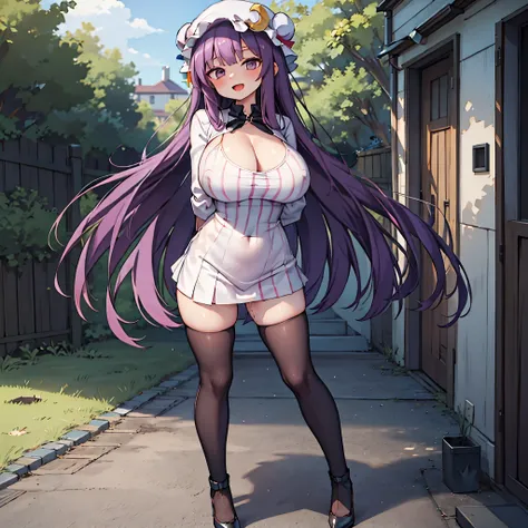 (Patchouli toho character), (standing at lakeside forest), outside, (standing with open legs wide:1.6), (arms behind back:1.3), (bending back:1.2), tiptoe, (pigeon toed), BREAK, (disproportionately gigantic huge breasts:1.2), cleavage, inconceivably thin w...