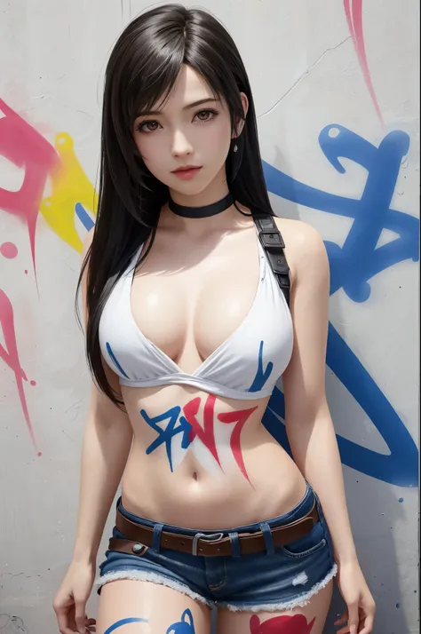 (top quality, masterpiece: 1.1), (Realistic: 1.3), wallpapers, BREAK (((FF7,Tifa_lockhart,solo))),Ultra-detailed face, Detailed eyes, Red eyes, (black brown hair, Large breasts: 1.0), BREAK (((FF7,Tifa_lockhart))),(graffiti:1.5), paint splatter, arms behin...